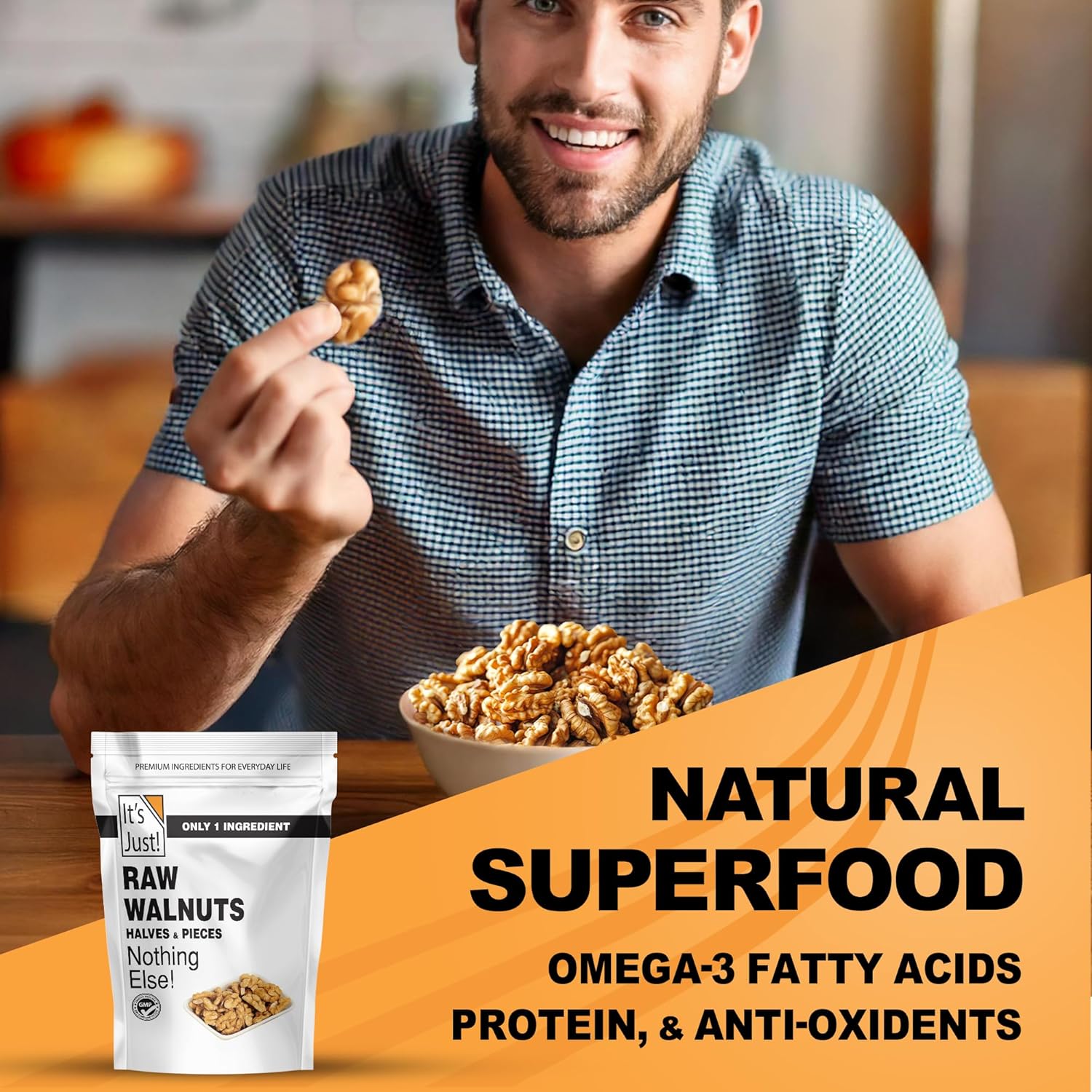 It's Just - Premium Raw California Walnuts, 20oz (1.25lb) Bag | Non-GMO, Gluten-Free, Unsalted Nut Halves & Pieces for Baking, Snacking & Keto Diets