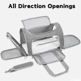 TSA Approved Soft-Sided Cat & Dog Carrier - Collapsible 4-Entry Travel Cage with Washable Mat, Shoulder Strap & Safety Belt Loop - Up to 16 Lbs (Gray)