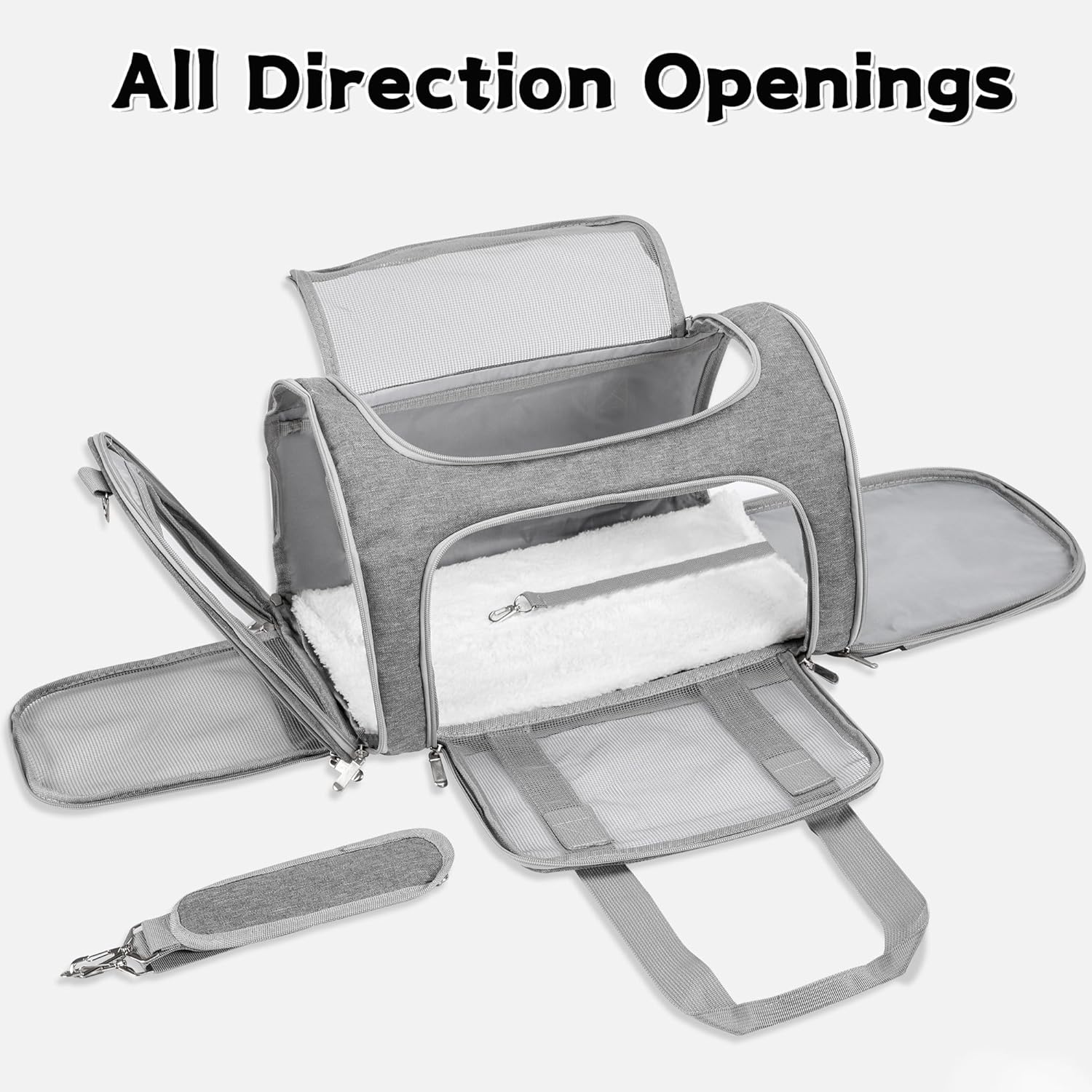 TSA Approved Soft-Sided Cat & Dog Carrier - Collapsible 4-Entry Travel Cage with Washable Mat, Shoulder Strap & Safety Belt Loop - Up to 16 Lbs (Gray)