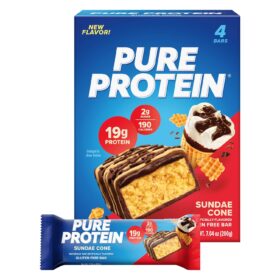 Pure Protein Bars, Sundae Cone Flavor, High Protein Snack, Low Sugar, Gluten Free, 19g Protein, 4 Count (1.76oz)