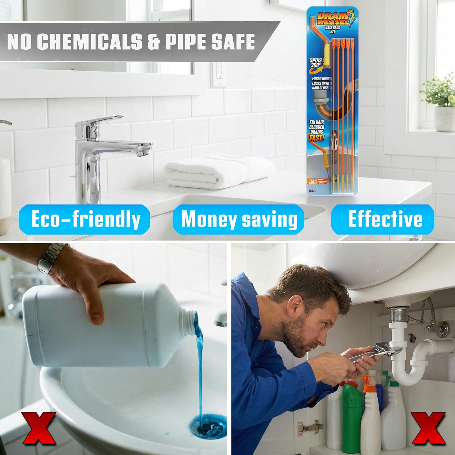 FlexiSnake Drain Weasel Hair Clog Remover – 18-Inch Sink & Bathtub Cleaner Tool with 5 Refill Wands & Quick-Connect Handle – Made in USA