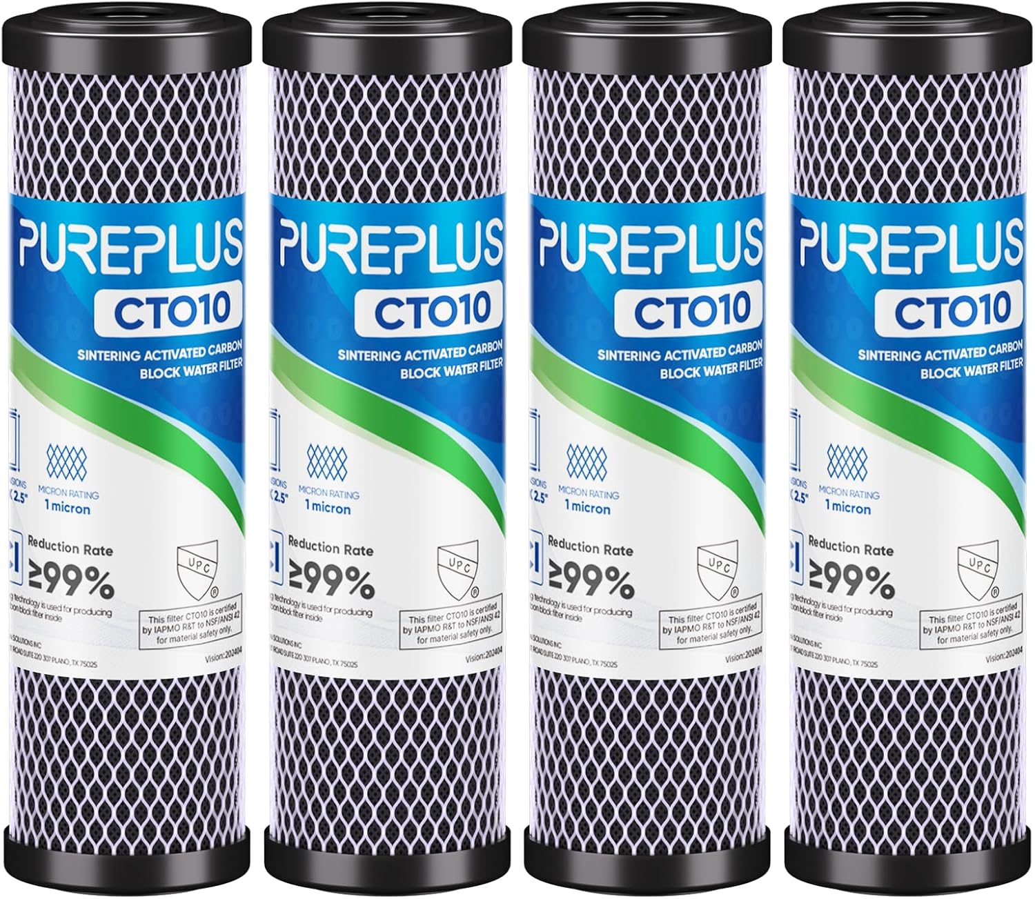 4-Pack 1 Micron Carbon Block Water Filter - 10 inch x 2.5 inch Whole House CTO Cartridge - Fits GE, Dupont, Whirlpool & Pentek Systems