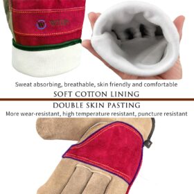 Women's Heavy Duty Leather Work Gloves - Heat Resistant, Thorns & Cut Resistant for Gardening, Welding, Farm & Ranch (Rose Red - Grey, Medium)