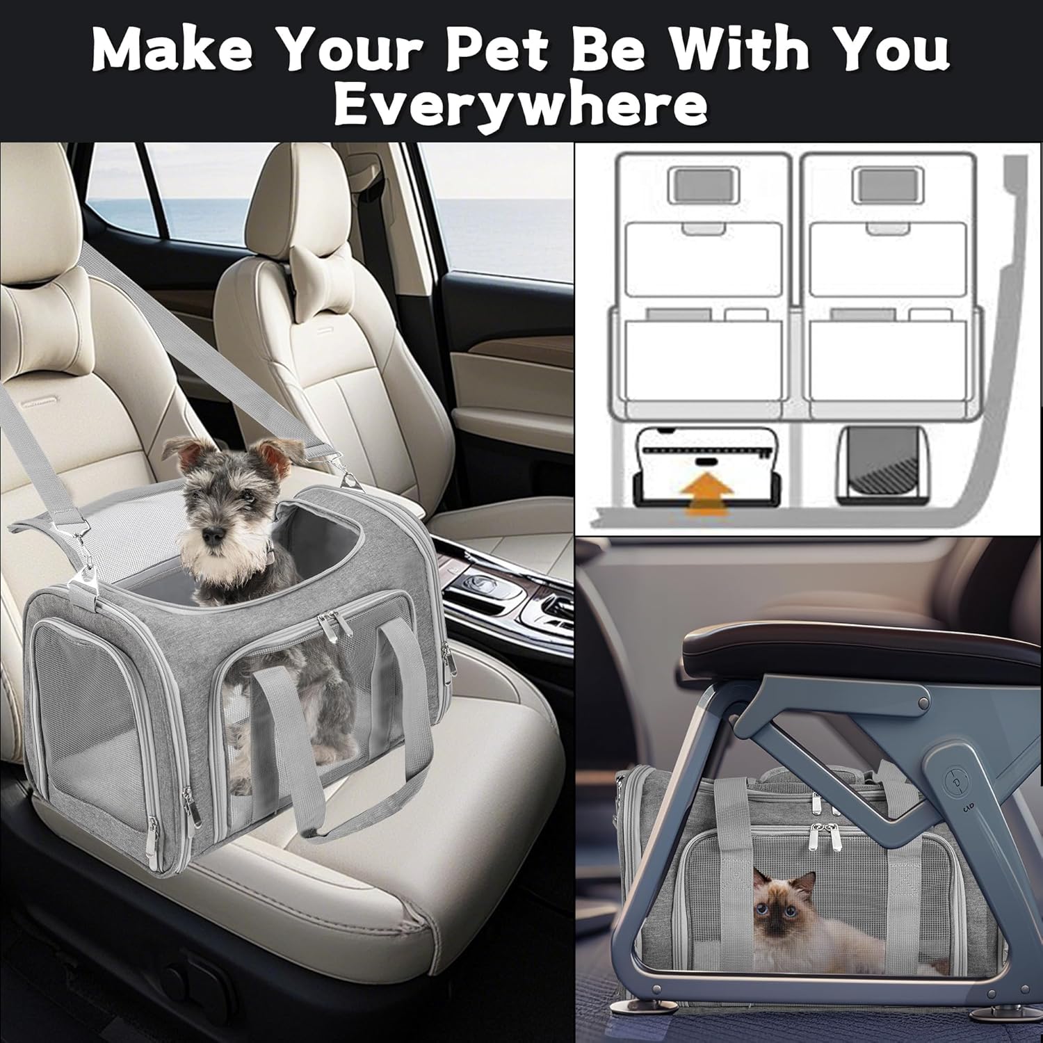 TSA Approved Soft-Sided Cat & Dog Carrier - Collapsible 4-Entry Travel Cage with Washable Mat, Shoulder Strap & Safety Belt Loop - Up to 16 Lbs (Gray)