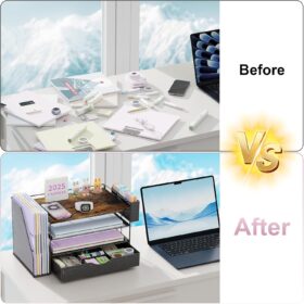 Gianotter 4-Tier Wood Desk Organizer with File Holder, Drawer, and Pen Holder – Vertical Desktop Storage System for Office Supplies