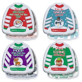 4E's Novelty 'Christmas Poop' Breath Mints – 4-Pack Funny Holiday Sweater Tins | Cinnamon, Wintergreen, Blueberry & Cool Mint – Gag Stocking Stuffers & White Elephant Gifts for Kids, Teens & Adults
