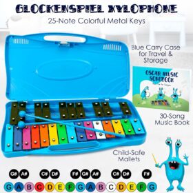 MINIARTIS 25-Note Glockenspiel Xylophone – Color-Coded Musical Instrument for Kids with Songbook, Mallets & Case