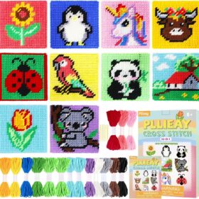 Pllieay 10-in-1 Cross Stitch Kit for Beginners & Kids – Complete DIY Plastic Needlepoint Set with 10 Patterns, Yarn & Safe Needles