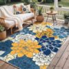 GENIMO Navy Blue Floral Area Rug 5' x 8' - Soft, Non-Slip Indoor & Outdoor Mat with Waterproof & Washable Design