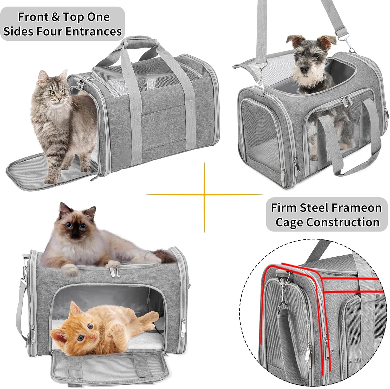 TSA Approved Soft-Sided Cat & Dog Carrier - Collapsible 4-Entry Travel Cage with Washable Mat, Shoulder Strap & Safety Belt Loop - Up to 16 Lbs (Gray)