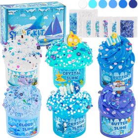 Ocean Blue Slime Kit for Kids – 6 Pack Butter, Cloud & Clear Slime with Charms – Non-Sticky Stress Relief Sensory Toys & Party Favors for Boys & Girls Ages 4-12