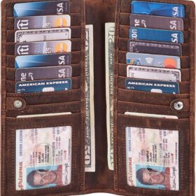 Handmade Genuine Leather Long Bifold Wallet for Men & Women - Slim RFID Blocking Credit Card Holder with Dual ID Windows in Premium Gift Box