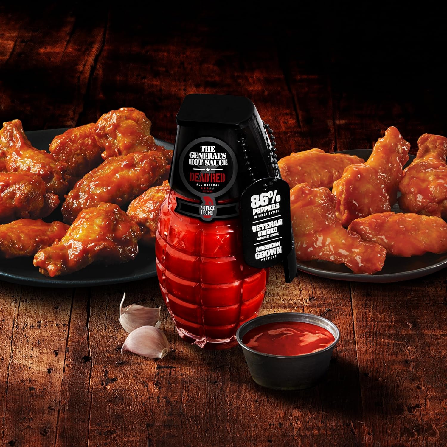 The General's Hot Sauce 'Dead Red' - American Grown Cayenne Pepper Sauce - Veteran Owned & Operated - Gluten-Free, All-Natural Gluten-Free Sauce for Wings, BBQ & Tacos - 6 oz Grenade Bottle