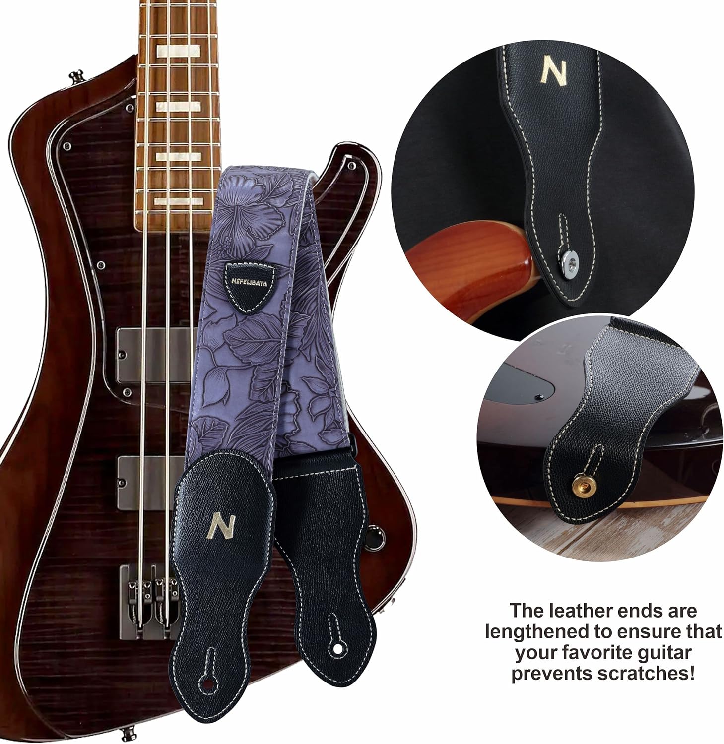 Nefelibata 2.3" Vintage Porter Style Guitar Strap with Pick Pocket – Vegan Leather Carving, Adjustable 42-66 inch (Purple)