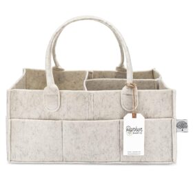 Parker Baby Diaper Caddy Organizer – Large Portable Nursery Storage Bin with Waterproof Pocket & Divider – Modern White Gray Felt Basket for Diapers, Wipes & Toys – Perfect Baby Shower Gift