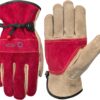 Women's Heavy Duty Leather Work Gloves - Heat Resistant, Thorns & Cut Resistant for Gardening, Welding, Farm & Ranch (Rose Red - Grey, Medium)