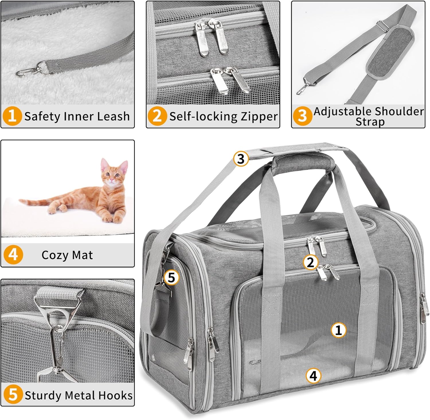 TSA Approved Soft-Sided Cat & Dog Carrier - Collapsible 4-Entry Travel Cage with Washable Mat, Shoulder Strap & Safety Belt Loop - Up to 16 Lbs (Gray)