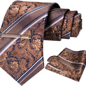 RBOCOTT Men's Silk Stripe Plaid Tie Set - Elegant Necktie, Pocket Square & Tie Clip Ensemble for Formal Weddings, Business & Groomsmen