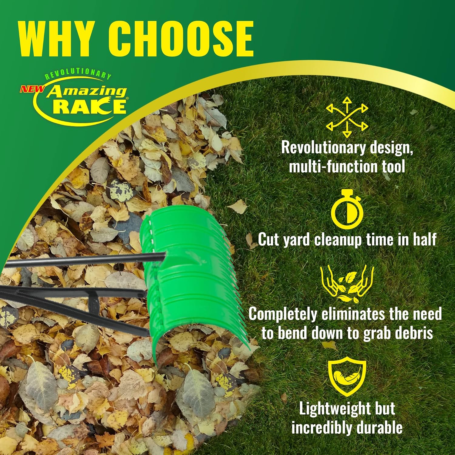 The Amazing Rake - 3-in-1 Ergonomic Garden Leaf Rake & Grabber Tool | Heavy Duty, No-Bend Lawn Scoop for Debris & Grass Collection