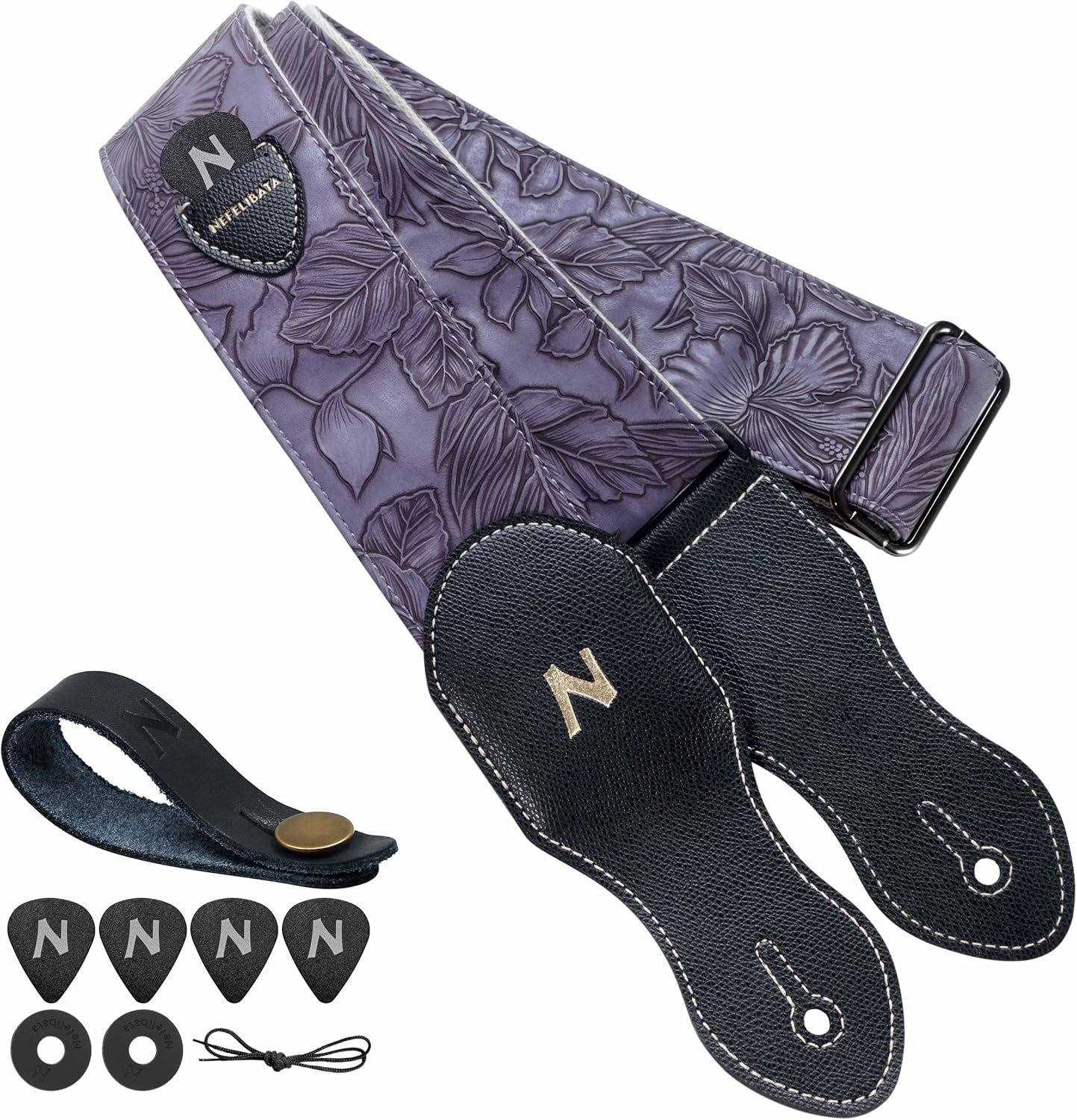Nefelibata 2.3" Vintage Porter Style Guitar Strap with Pick Pocket – Vegan Leather Carving, Adjustable 42-66 inch (Purple)