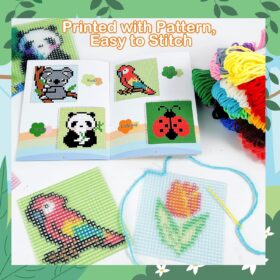 Pllieay 10-in-1 Cross Stitch Kit for Beginners & Kids – Complete DIY Plastic Needlepoint Set with 10 Patterns, Yarn & Safe Needles