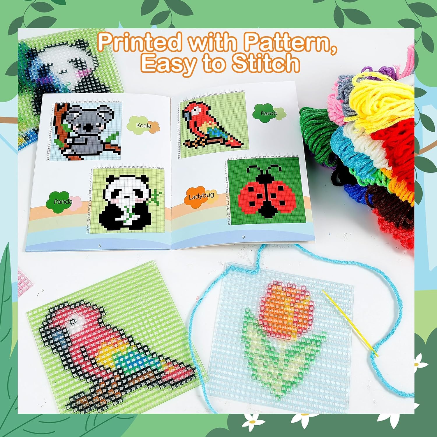 Pllieay 10-in-1 Cross Stitch Kit for Beginners & Kids – Complete DIY Plastic Needlepoint Set with 10 Patterns, Yarn & Safe Needles