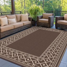 GENIMO 5'x8' Outdoor Rug - Reversible Waterproof Patio Mat, UV-Resistant Plastic Straw Carpet for Camping, RV, Deck & Backyard Decor (Coffee & Beige)