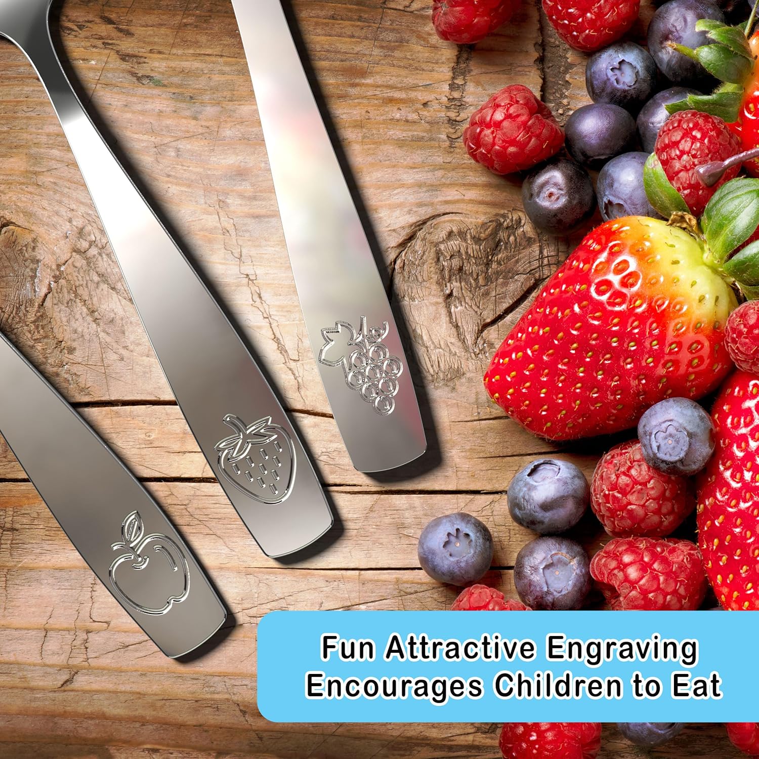 CHILLOUT LIFE 6-Piece Kids Stainless Steel Silverware Set – Ergonomic Toddler Flatware with Fruit Engravings (3 Spoons & 3 Forks)