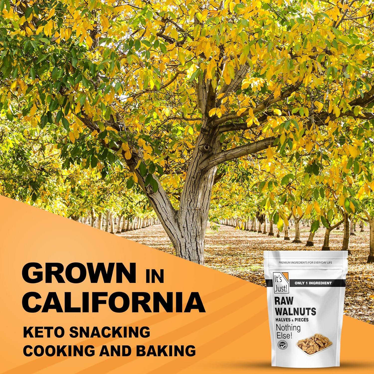 It's Just - Premium Raw California Walnuts, 20oz (1.25lb) Bag | Non-GMO, Gluten-Free, Unsalted Nut Halves & Pieces for Baking, Snacking & Keto Diets