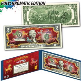 2026 Year of the Horse 2-Dollar Bill - Special Edition Lunar New Year Collectible with 8 Colorized Horses & Blue Folio