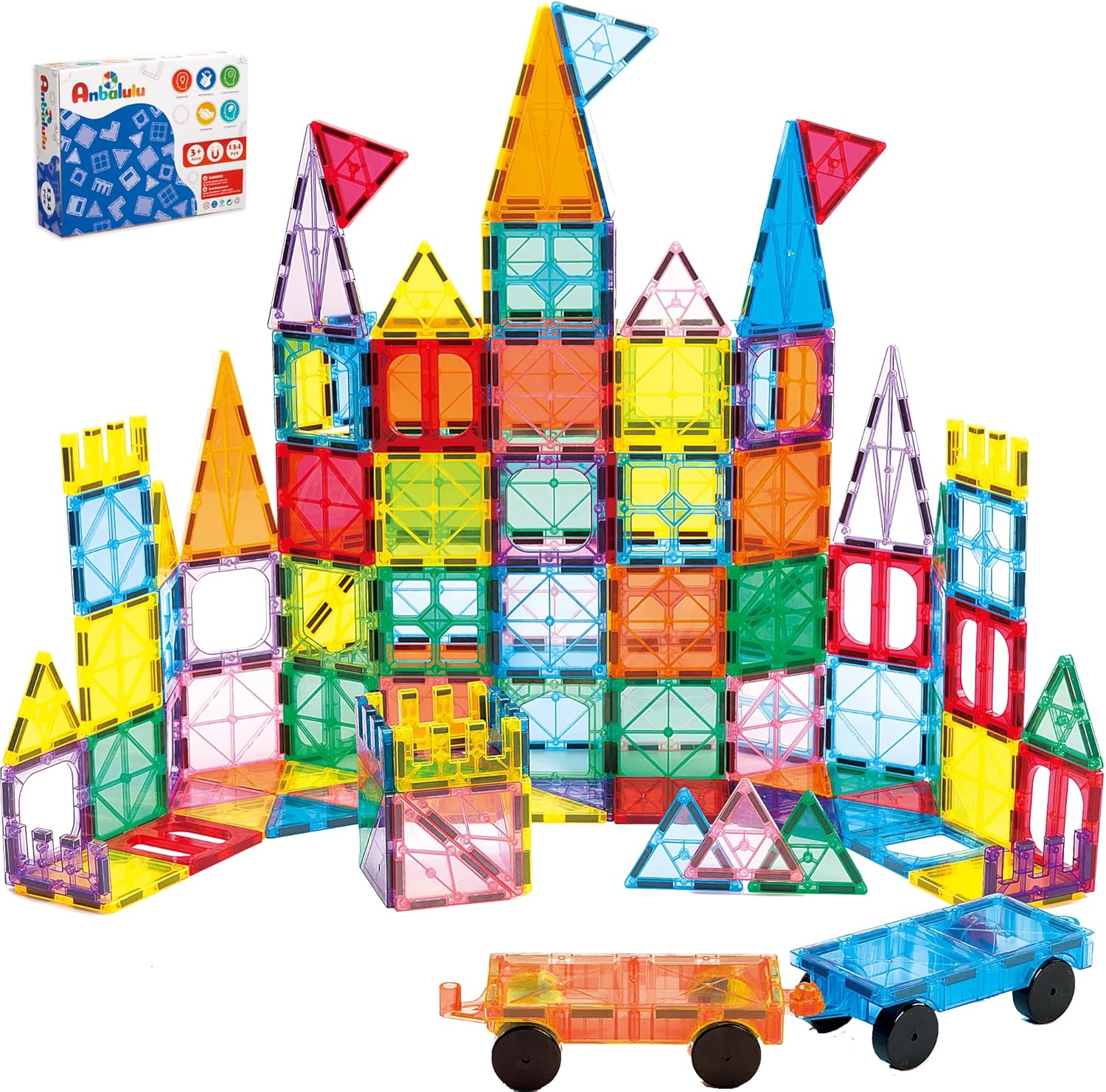 134-Piece Magnetic Building Tiles Set – Large 3D STEM Stacking Blocks with 2 Cars & Idea Book
