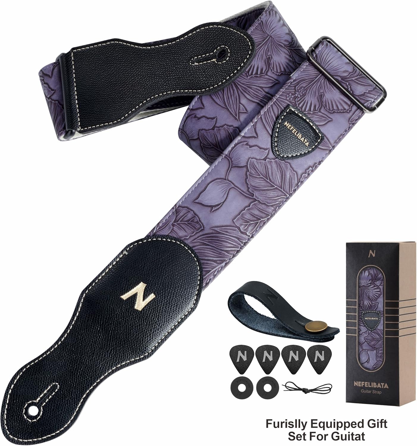 Nefelibata 2.3" Vintage Porter Style Guitar Strap with Pick Pocket – Vegan Leather Carving, Adjustable 42-66 inch (Purple)