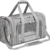 TSA Approved Soft-Sided Cat & Dog Carrier - Collapsible 4-Entry Travel Cage with Washable Mat, Shoulder Strap & Safety Belt Loop - Up to 16 Lbs (Gray)