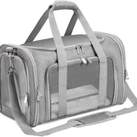 TSA Approved Soft-Sided Cat & Dog Carrier - Collapsible 4-Entry Travel Cage with Washable Mat, Shoulder Strap & Safety Belt Loop - Up to 16 Lbs (Gray)