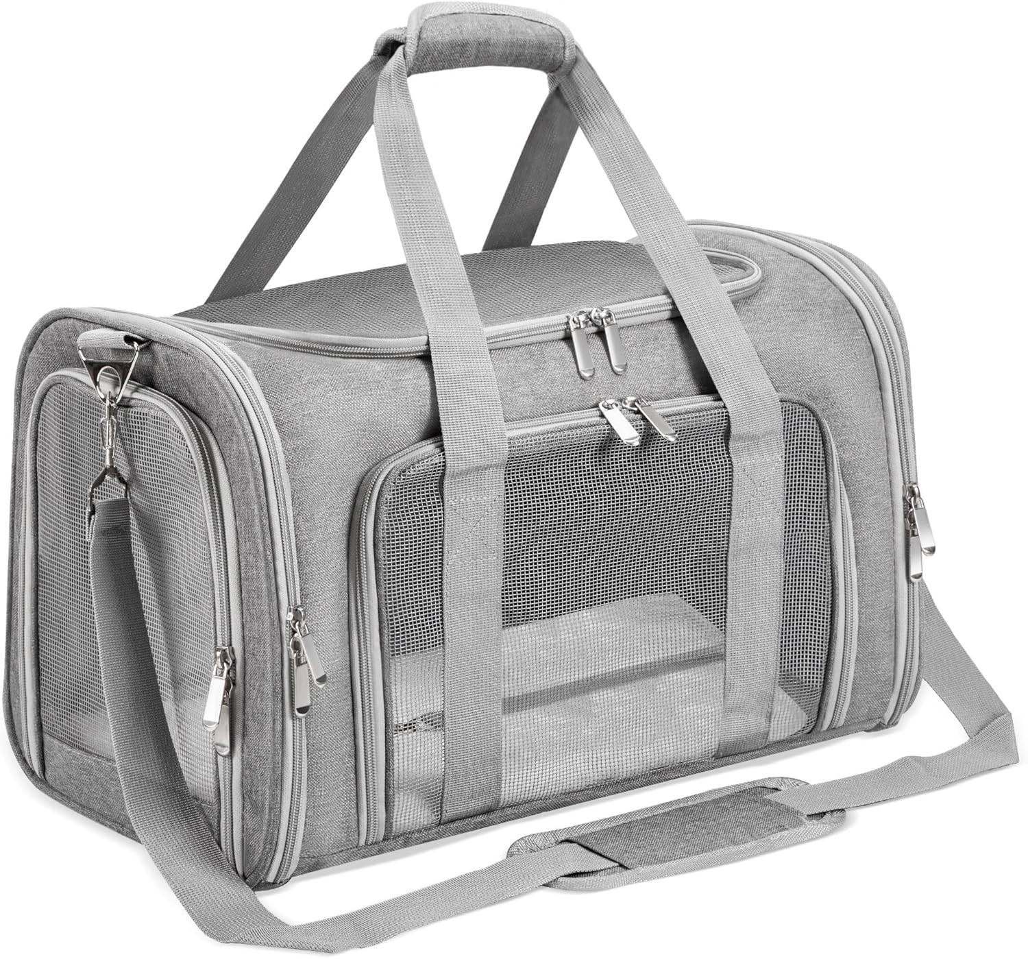 TSA Approved Soft-Sided Cat & Dog Carrier - Collapsible 4-Entry Travel Cage with Washable Mat, Shoulder Strap & Safety Belt Loop - Up to 16 Lbs (Gray)