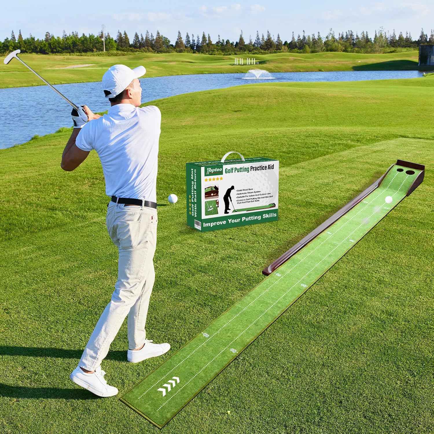 Toptoo Golf Putting Mat with Automatic Ball Return – 9.84 ft Indoor/Outdoor Practice Green with Putter & 5 Balls