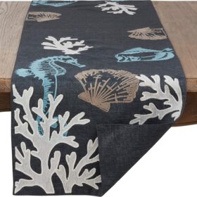 SARO LIFESTYLE Nautical Sea Life Table Runner - 16" x 54" Navy Blue Coastal Decor for Dining & Kitchen