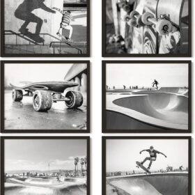 Skateboard Wall Art for Boys Room - 6 Pc Black and White Skater Decor, Vintage Skateboarding Posters for Bedroom, Bathroom & Teen Room Decor (8x10 UNFRAMED)