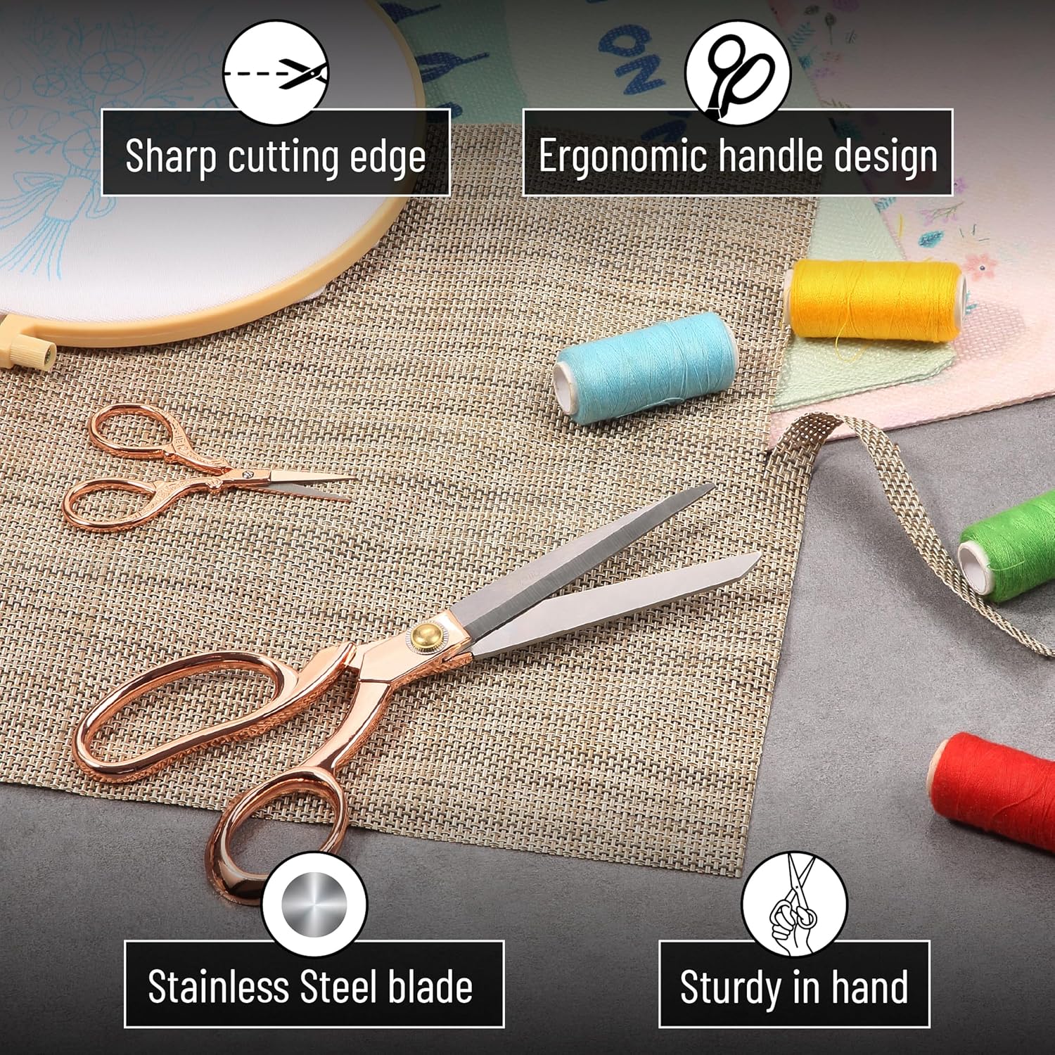Mr. Pen Rose Gold Fabric & Embroidery Scissors Set – Heavy Duty 8.5 inch Tailor Shears & 3.5 inch Detail Snips – Stainless Steel Sewing & Craft Cutting Tools for Quilting, Dressmaking, and Embroidery