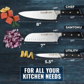Cutluxe Artisan Series 3-Piece Chef Knife Set – German Stainless Steel, Full Tang Ergonomic Handles, Razor Sharp 8” Chef, 7” Santoku & 5.5” Utility Knives