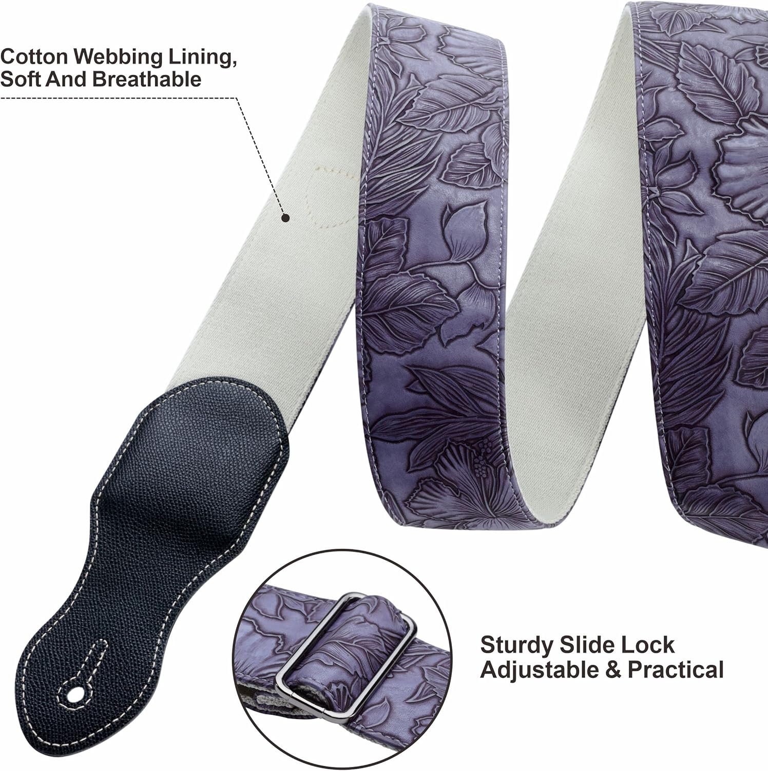 Nefelibata 2.3" Vintage Porter Style Guitar Strap with Pick Pocket – Vegan Leather Carving, Adjustable 42-66 inch (Purple)