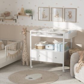 BOLUO Baby Changing Table with Drawers – Modern White Nursery Dresser & Diaper Station with Wheels and Storage Shelf