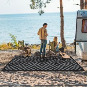 GENIMO Reversible Outdoor Rug – 5'x8' Waterproof Patio Mat, UV Protected & Fade Resistant, Portable Camping & RV Carpet with Stakes, Black & Gray