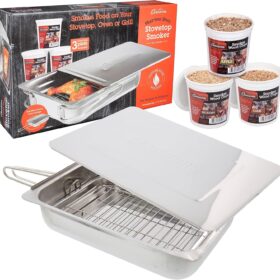 Camerons Original Stovetop Smoker - Stainless Steel Indoor Outdoor Smoking Box Set with Oak, Apple & Hickory Wood Chips - Multipurpose Gas, Electric & Grill Cookware