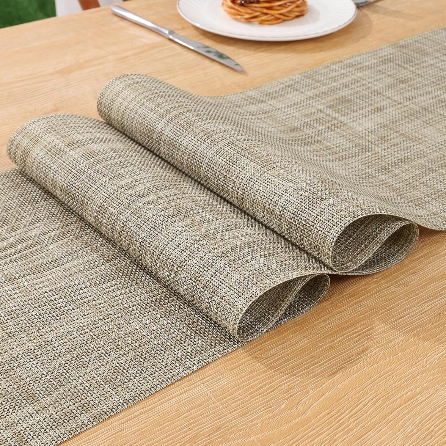 SHACOS Woven Vinyl Table Runner - 12 x 54 Inch Waterproof, Heat Resistant & Cuttable Indoor Outdoor Table Decor (Beige)
