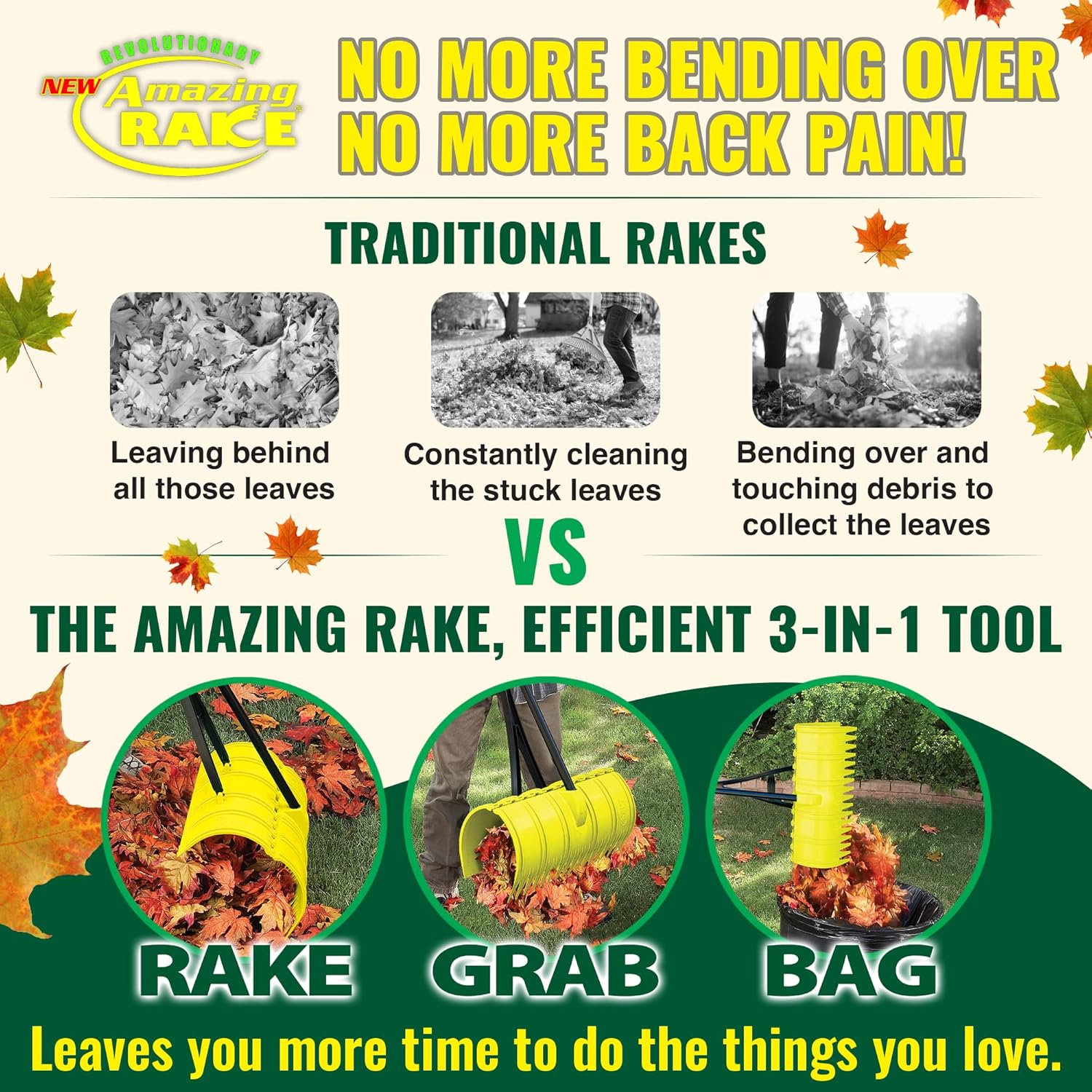 The Amazing Rake - 3-in-1 Ergonomic Garden Leaf Rake & Grabber Tool | Heavy Duty, No-Bend Lawn Scoop for Debris & Grass Collection