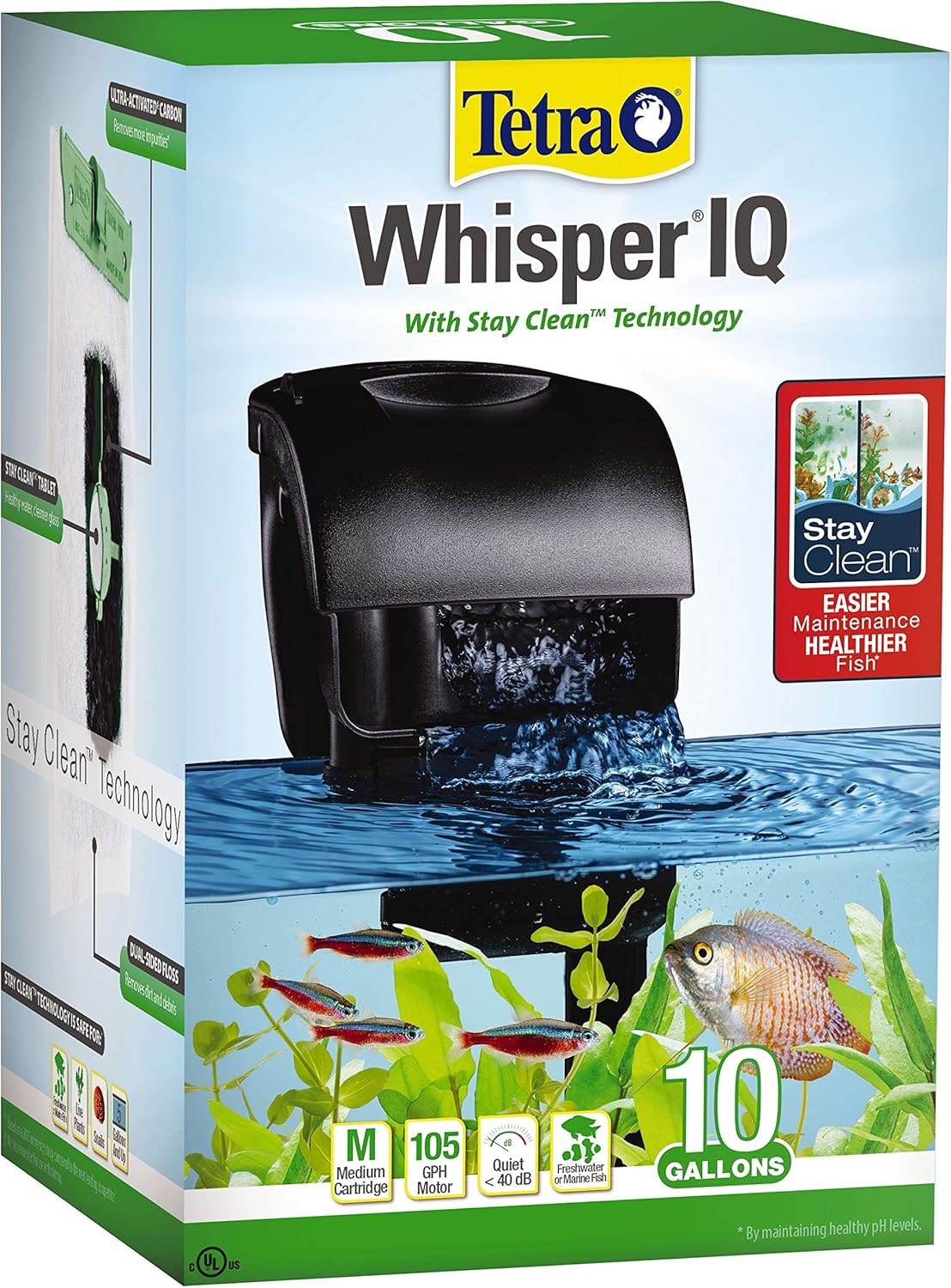 Tetra Whisper IQ Power Filter – 10 Gallon, 105 GPH, with Stay Clean Technology & Quiet Submerged Motor