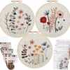 Uphome 3-Pack Stamped Embroidery Starter Kit for Beginners – DIY Cross Stitch Sets with Floral Patterns, Hoops, Floss & Needles – Creative Arts & Crafts for Adults & Kids