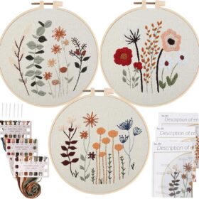 Uphome 3-Pack Stamped Embroidery Starter Kit for Beginners – DIY Cross Stitch Sets with Floral Patterns, Hoops, Floss & Needles – Creative Arts & Crafts for Adults & Kids