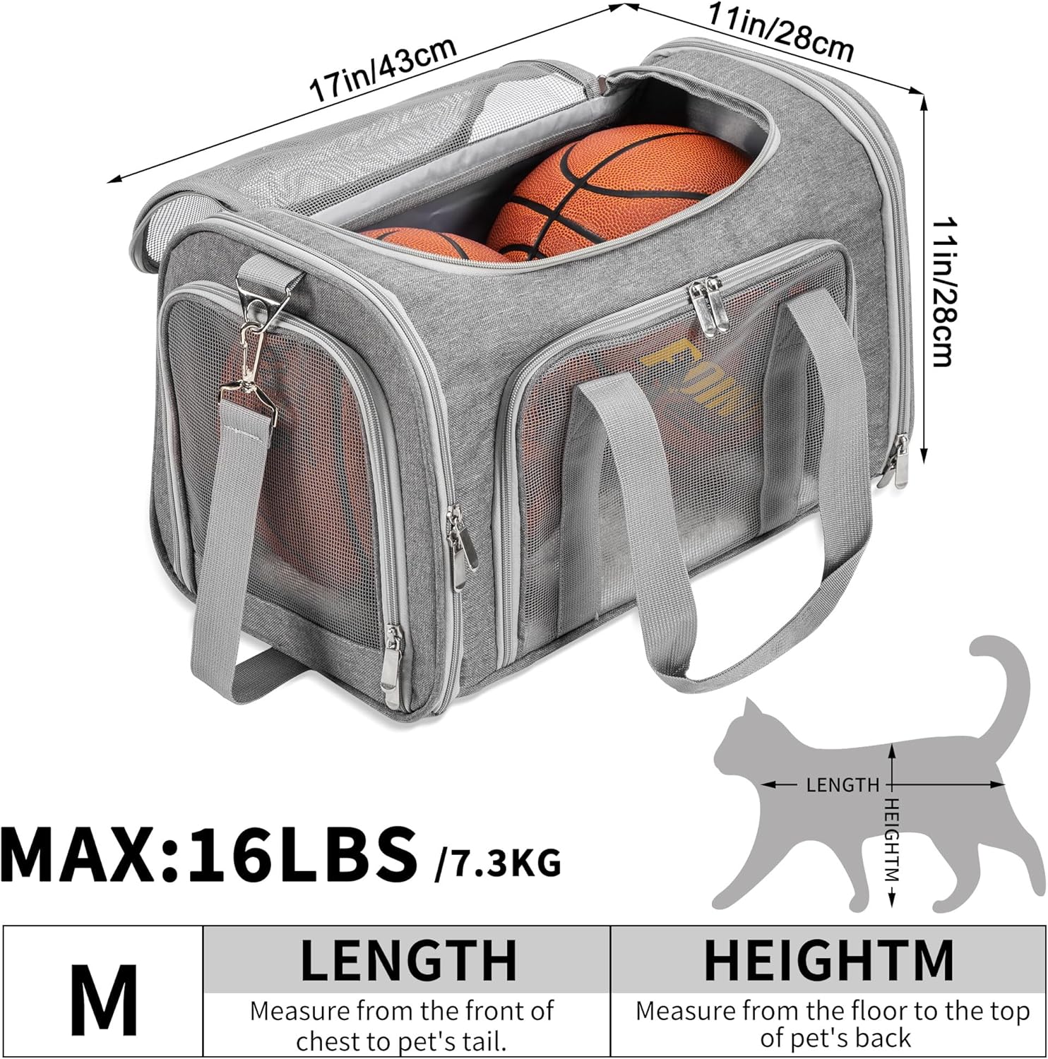 TSA Approved Soft-Sided Cat & Dog Carrier - Collapsible 4-Entry Travel Cage with Washable Mat, Shoulder Strap & Safety Belt Loop - Up to 16 Lbs (Gray)